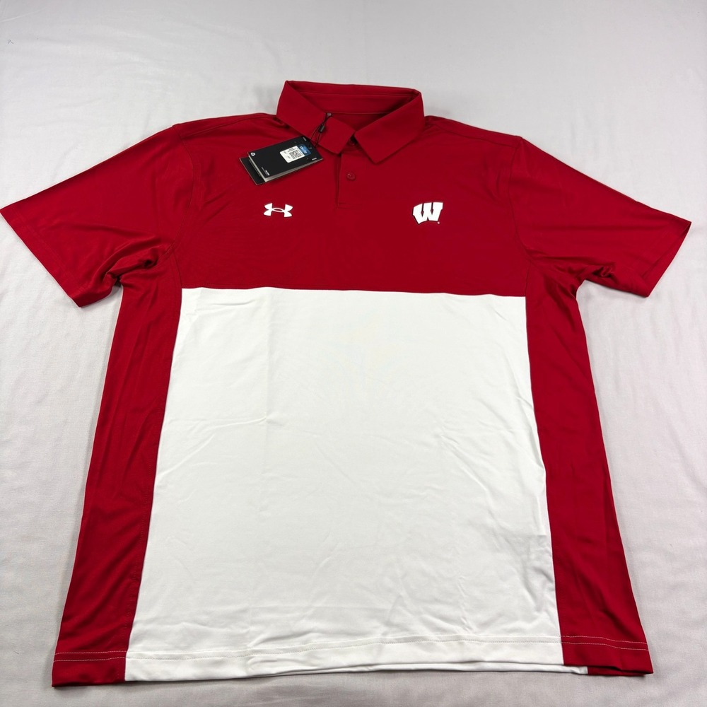 Wisconsin Badgers Under Armour Polo Shirt Mens Large Red Golf HeatGear NEW NCAA